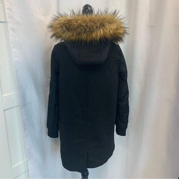 Zara Women’s Black Wool Puffer Sleeve Hooded Fur Zip Peacoat Parka Jacket Sz S - Picture 6 of 14